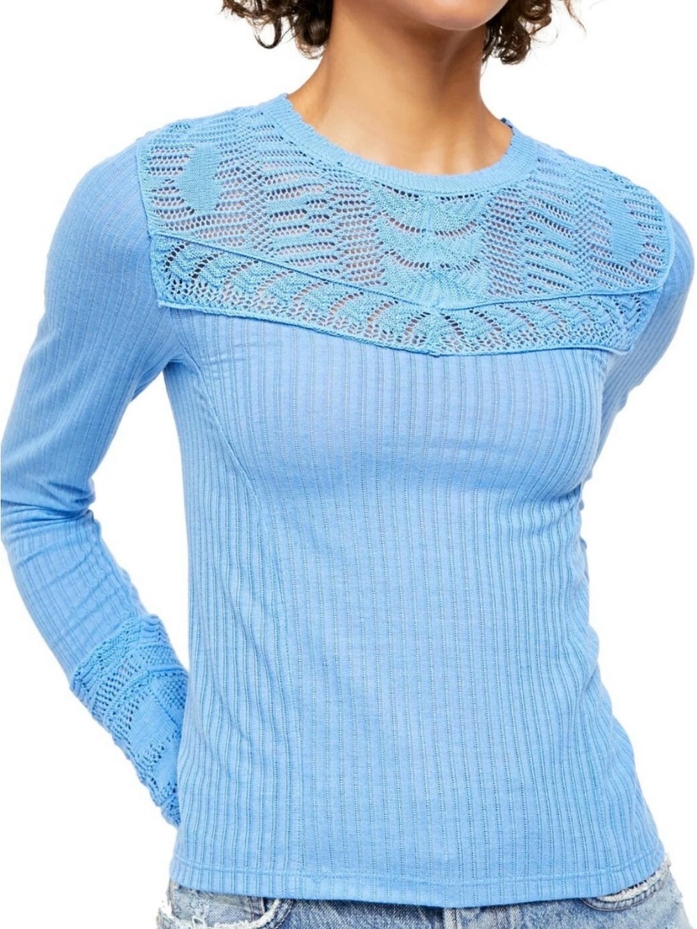 Free People Colette Pointelle Blue Boho Knit Lace Yoke Long Sleeve Shirt M